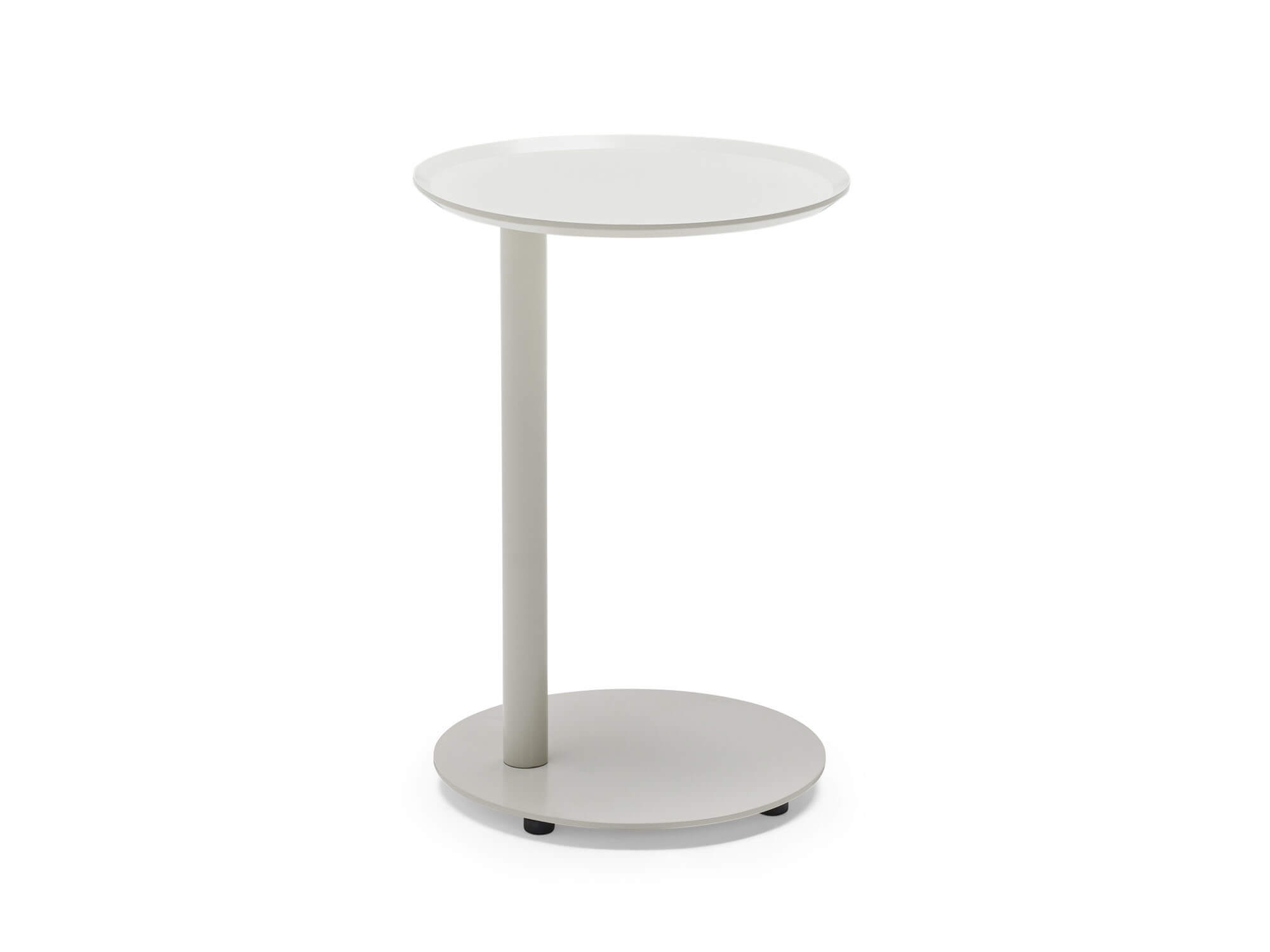 Left side view of white metal outdoor side table